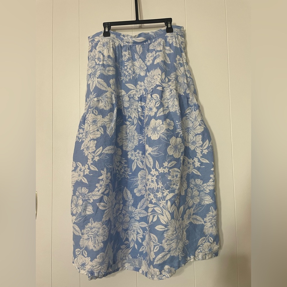 Blue with white Flowers Linen Midi Skirt